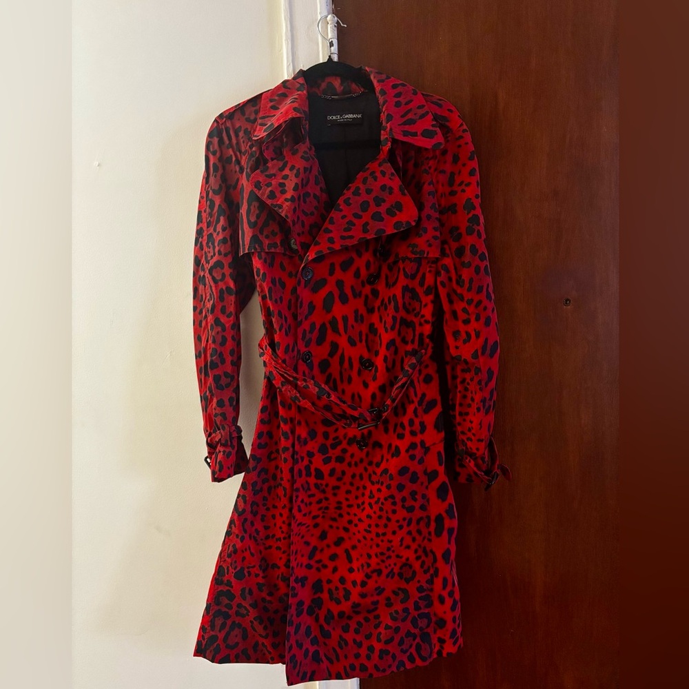 Dolce & Gabbana Red and Black Leopard Print Trench Coat